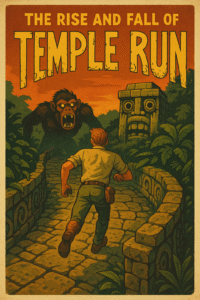Illustration showing the rise and fall of Temple Run, featuring the main character running through temple ruins, symbolizing the game’s peak popularity and eventual decline.