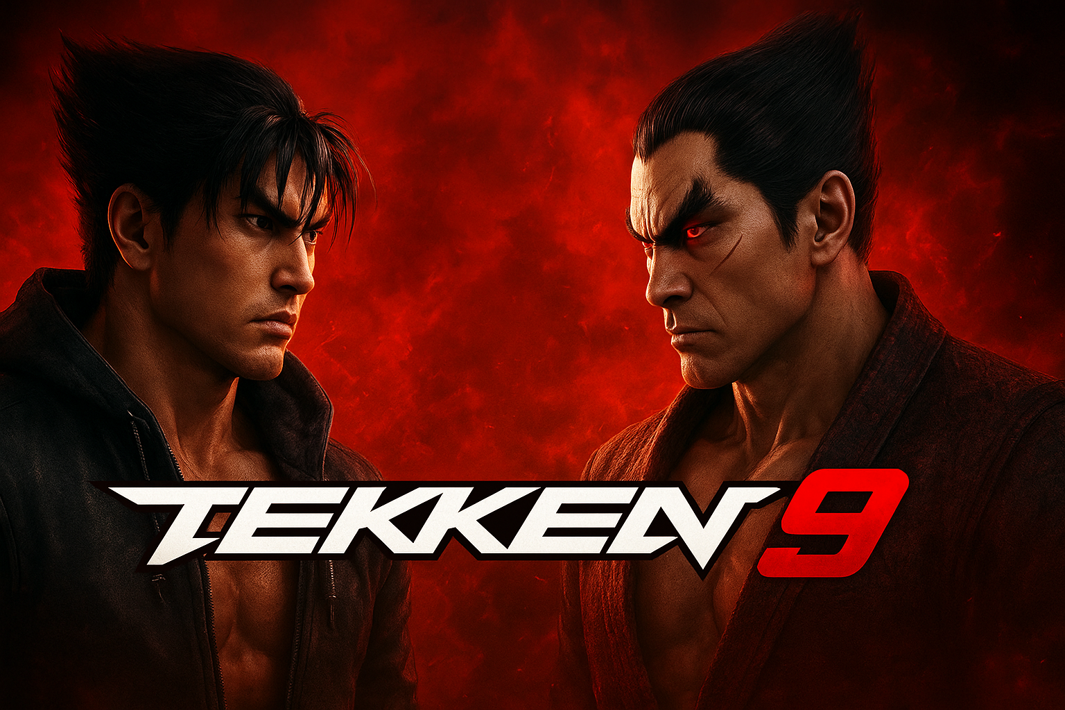 Tekken 9 promotional image featuring Jin Kazama and Kazuya Mishima face-off, representing the next-gen fighting game.