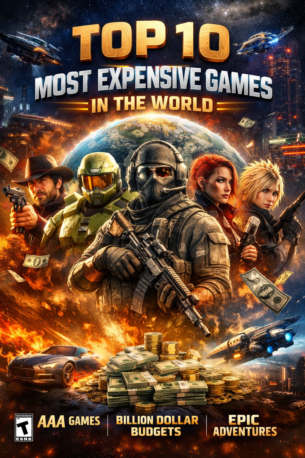 Top 10 most expensive games in the world showing high budget AAA video games, action characters, money and blockbuster gaming visuals